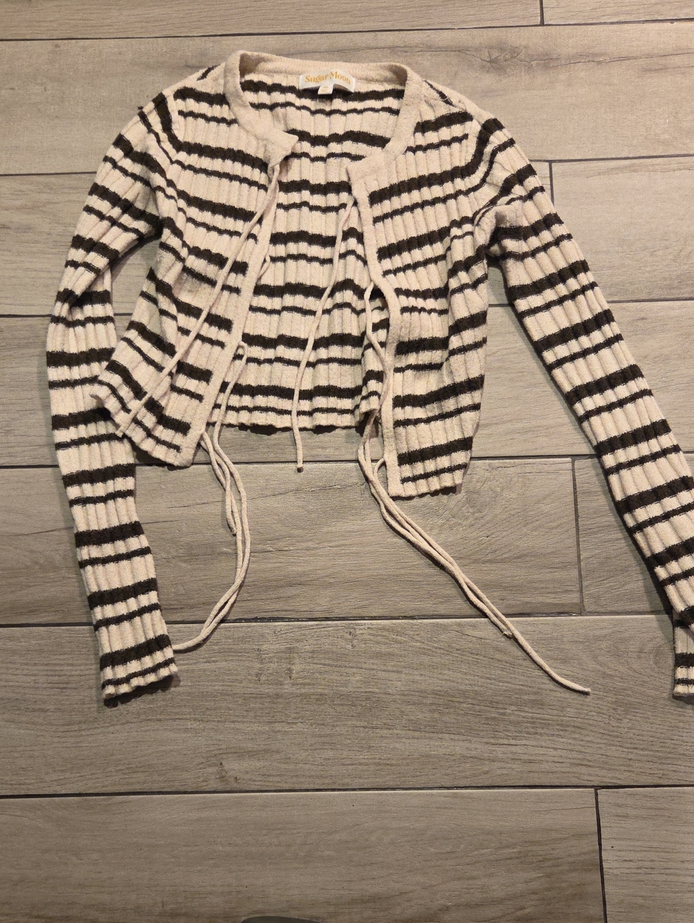 Striped Tie-Front Cropped Cardigan in Cream and Black